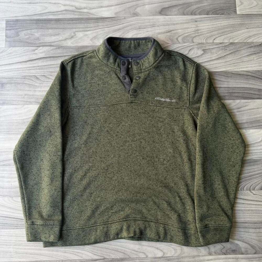 Eddie Bauer Vintage Speckled Olive Green Button Snap Fleece Pullover